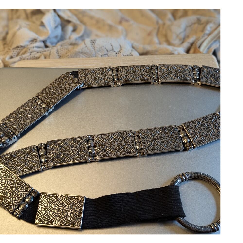 Silver tone Chico's engraved links black elastic belt